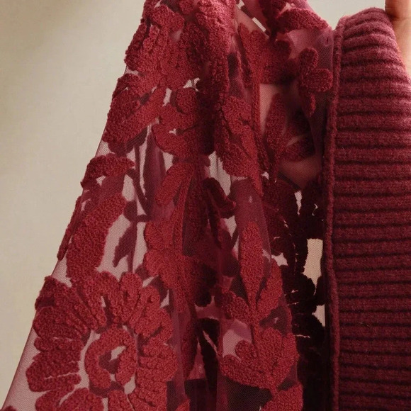 Burgundy Casual Women's Floral Pattern Round Neck Long Sleeve Knit Sweater - Picture 6 of 6